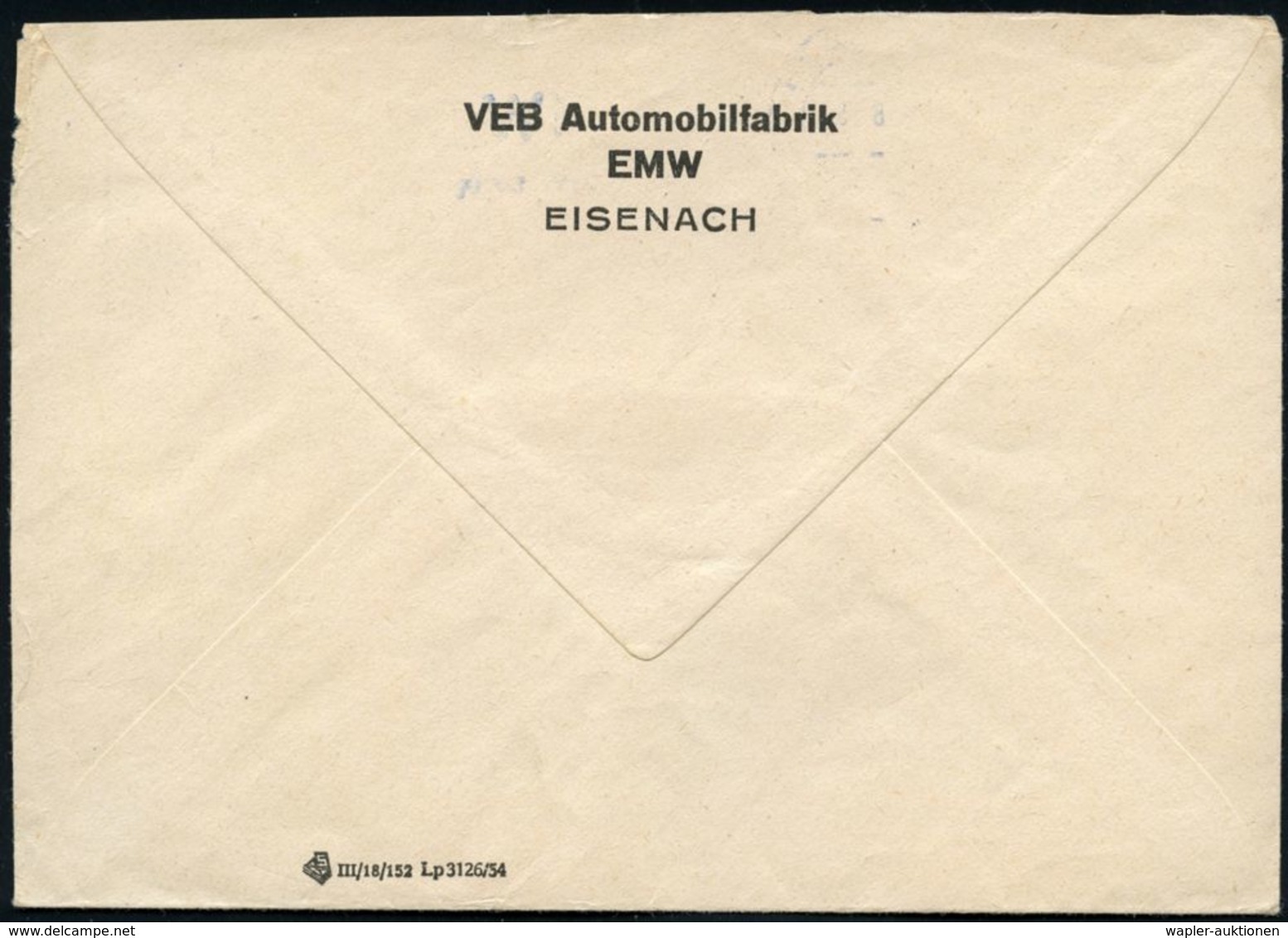 EISENACH/ E M W/ Eisenach 1954 (27.8.) Blauer AFS = E Isenacher Motoren Werke (EMW Vormals  B M W) Rs. Abs.-Vordr.: VEB  - Autos