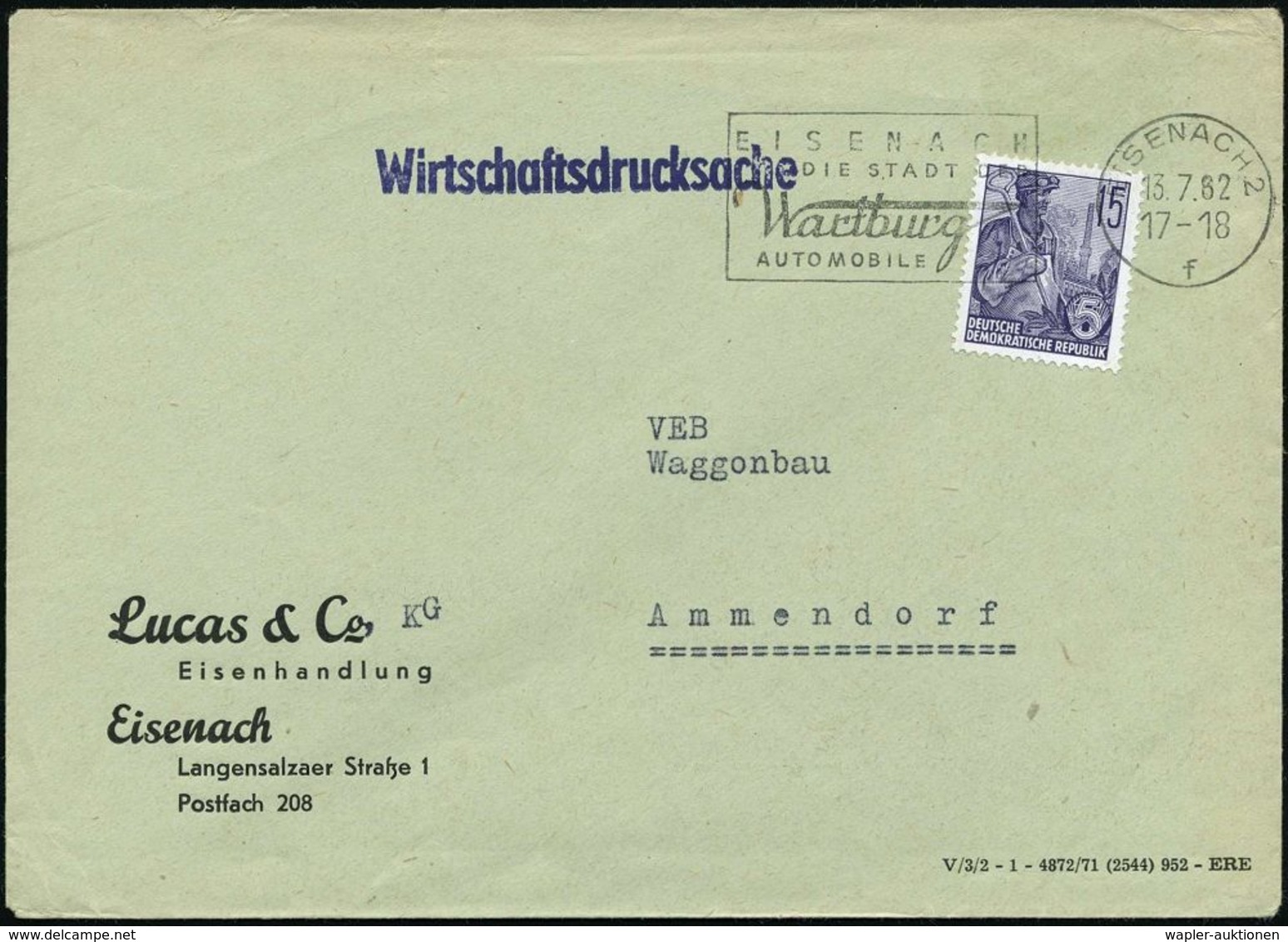 EISENACH 2/ F/ DIE STADT DER/ Wartburg/ AUTOMOBILE 1962 (13.7.) MWSt = Firmen-Schriftzug (Logo) = Ehem. BMW-Werk, Klar G - Automobili