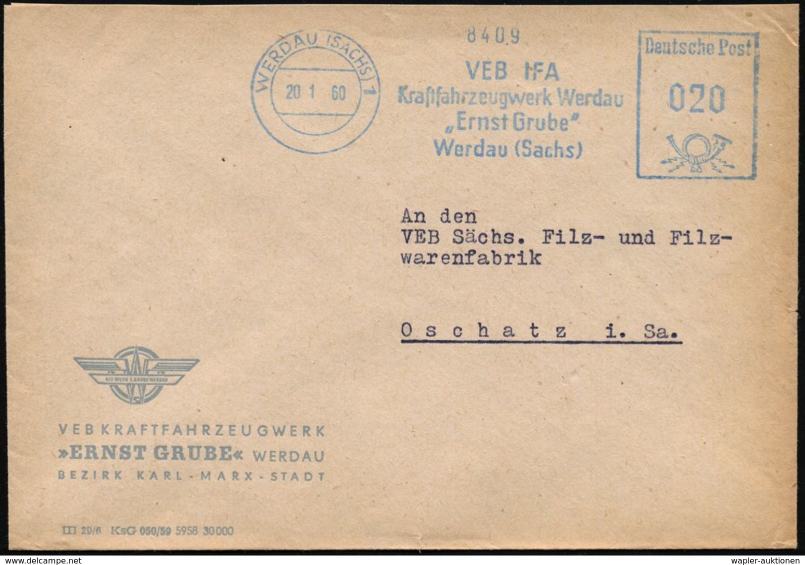 WERDAU (SACHS) 1/ VEB IFA/ Kraftfahrzeugwerk../ "Ernst Grube" 1960 (20.1.) Blauer AFS = Vormals Fa. Schu-mann, Lizenz "V - Automobili