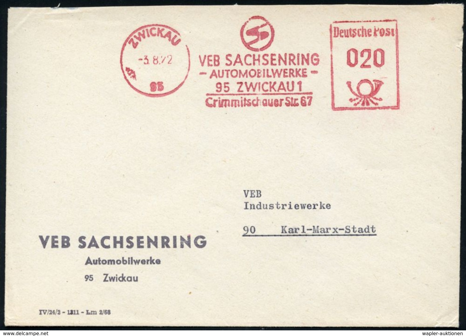 95 ZWICKAU/ (S)/ VEB SACHSENRING/ -AUTOMOBILWERKE-... 1972 (3.8.) AFS = Firmen-Logo Auf Firmen-Bf.: VEB SACHSENRING Auto - Auto's