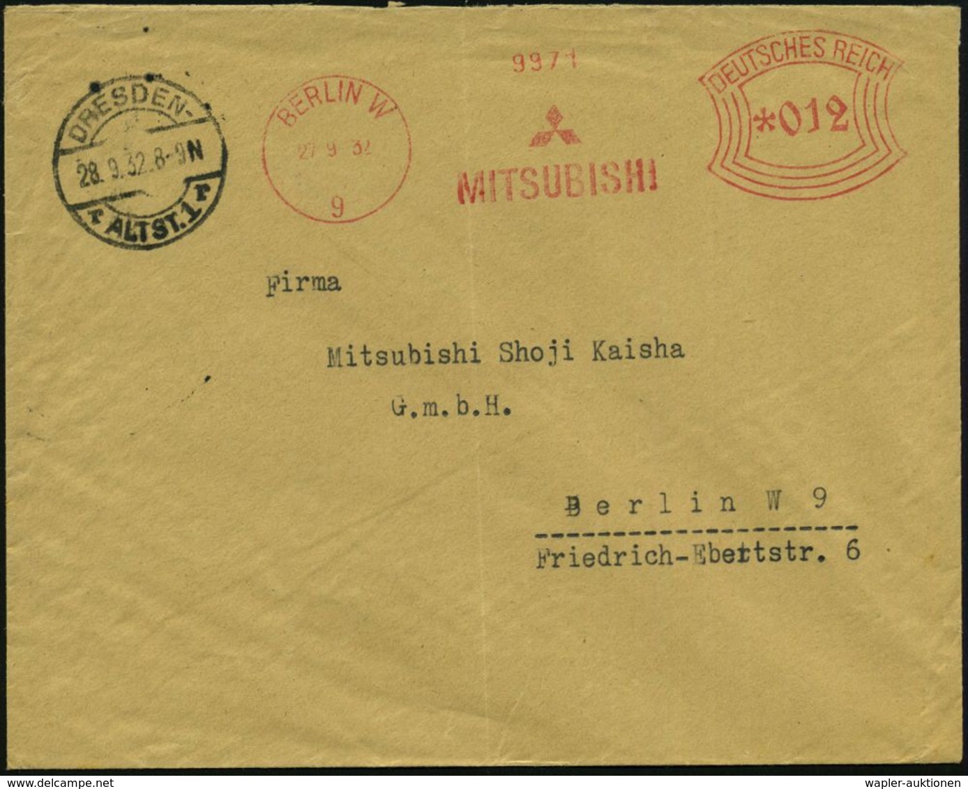 BERLIN W/ 9/ MITSUBISHI 1932 (28.9.) Seltene AFS-Type = Firmen-Logo + 1K: DRESDEN-/ALTST.1 (Aufgabestempel) Voraus-frank - Auto's