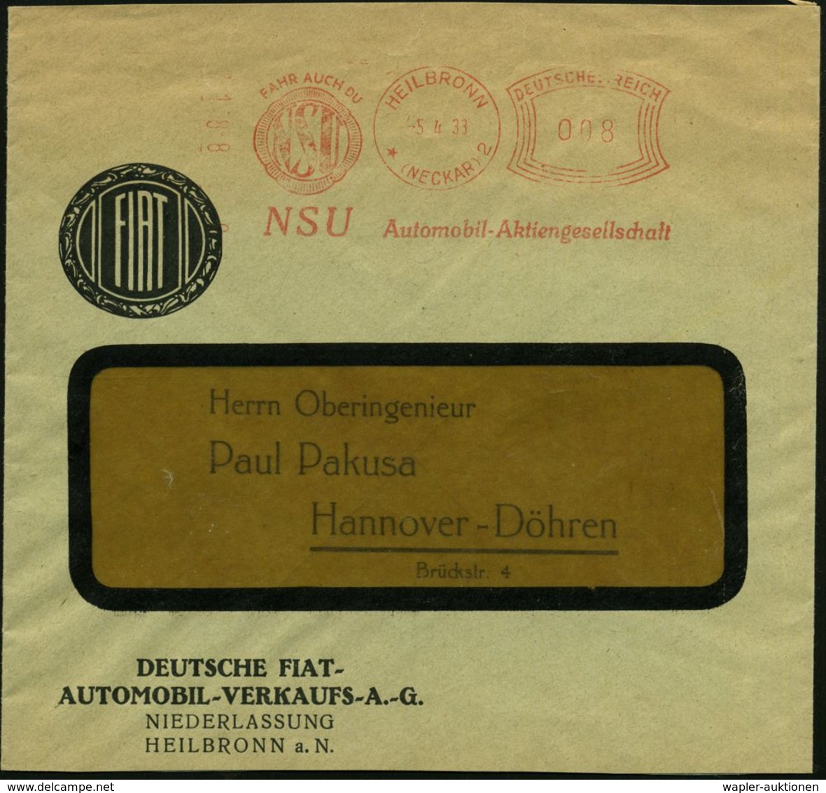 HEILBRONN/ *(NECKAR) 2/ FAHR AUCH DU/ NSU/ Automobil Aktiengesellschaft 1933 (5.4.) Seltener AFS "Komusina" = Altes NSU- - Autos