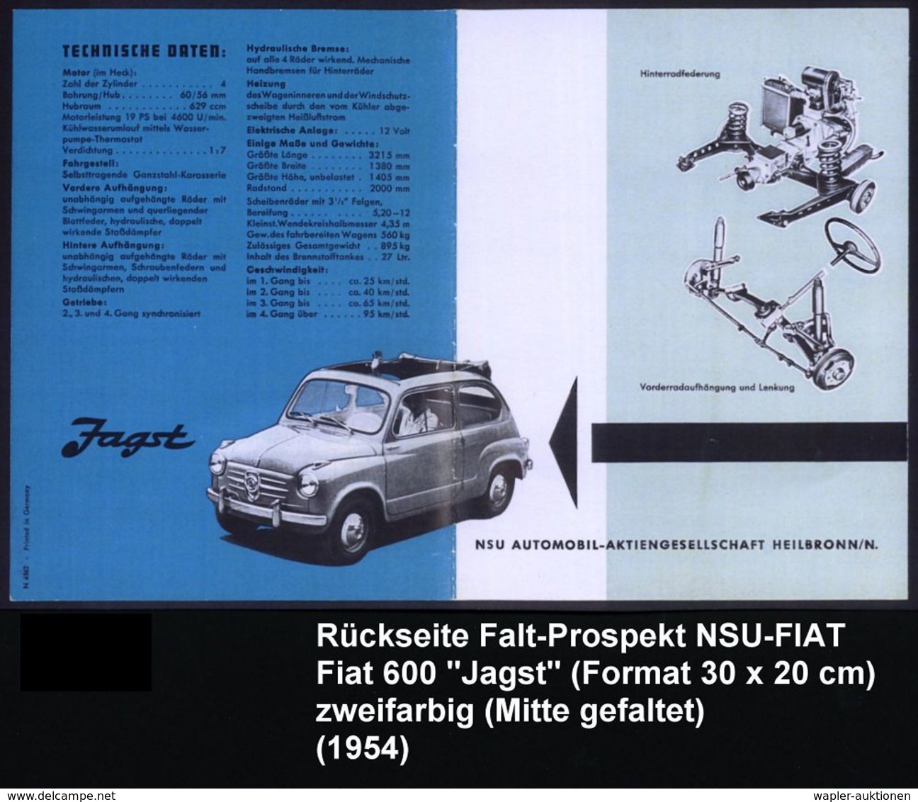 Heilbronn 1954 Zweifarbiger Reklame-Prospekt FIAT "Jagst" (Fiat 500) Als Leporello Mit 8 Seiten (Hohe 29 Cm + 15 Cm Brei - Autos