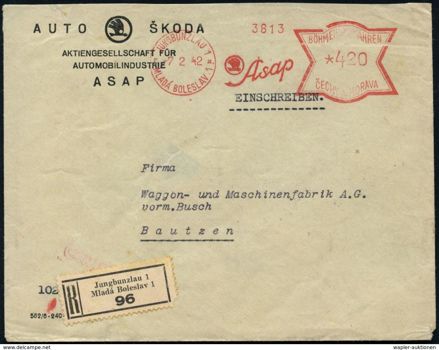 BÖHMEN & MÄHREN 1942 (7.2.) AFS.: JUNGBUNZLAU 1/MLADA BOLESLAV 1/ A S A P = Skoda-Logo + Schw. RZ: Jungbunzlau 1 (zweisp - Automobili