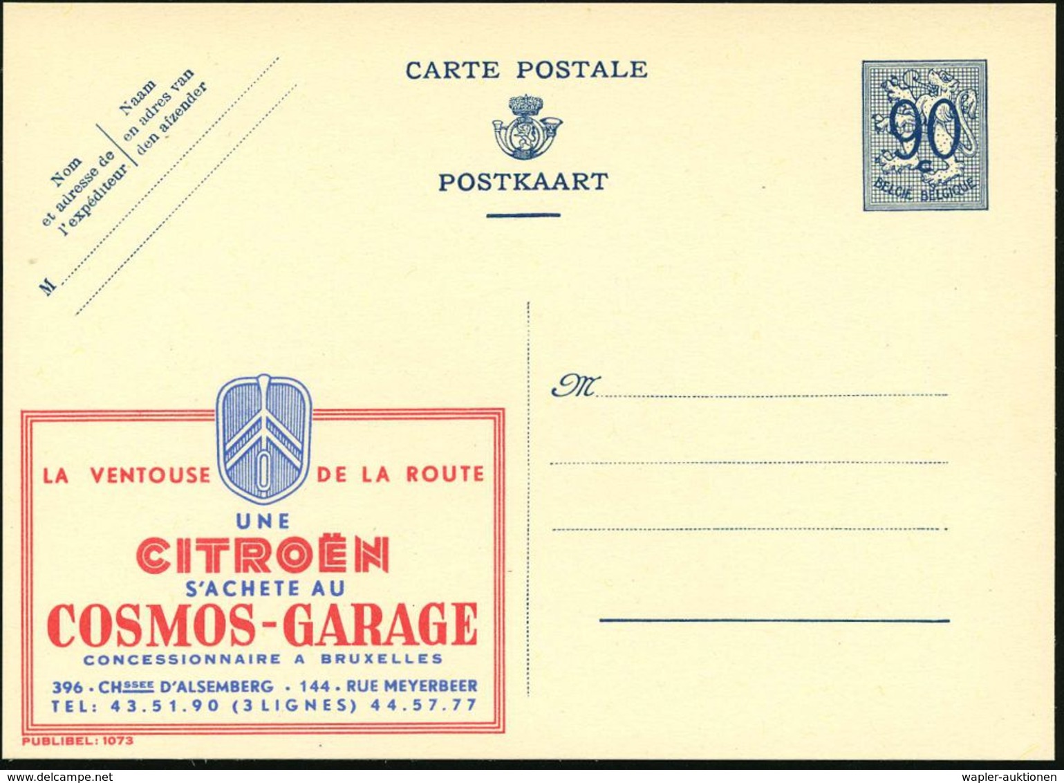 BELGIEN 1951 90 C. Reklame-P. Wappenlöwe, Blau: ..CITROEN..COSMOS GARAGE BRUXELLES (Kühlergrill Mit Citroen-Logo) Ungebr - Automobili