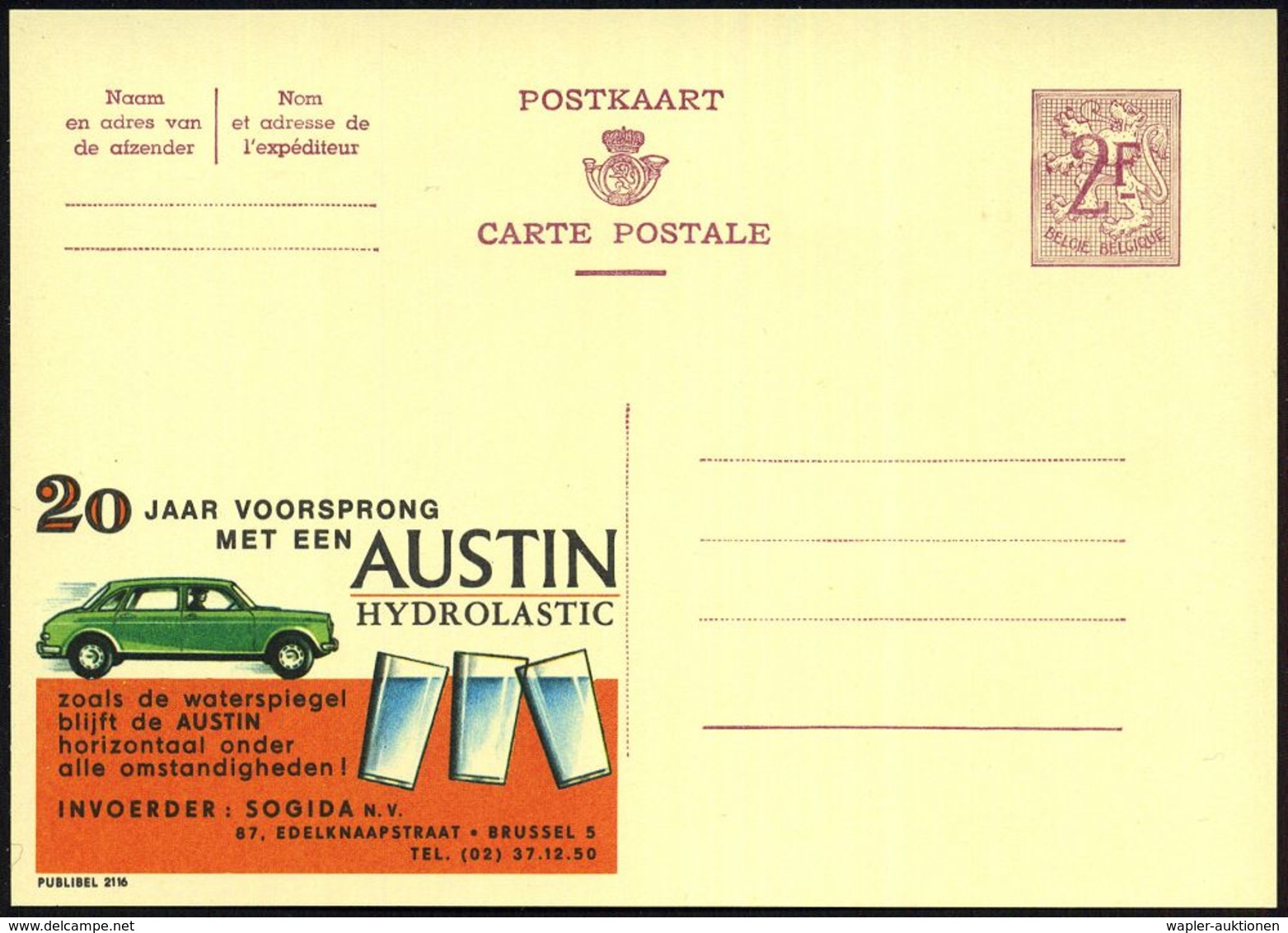 BELGIEN 1959 2 F. Reklame-P. Wappenlöwe, Weinrot: 20 JAAR VOORSPRONG..AUSTIN/HYDROLASTIC.. = Austin "Hydrolastic" (u. 3  - Autos