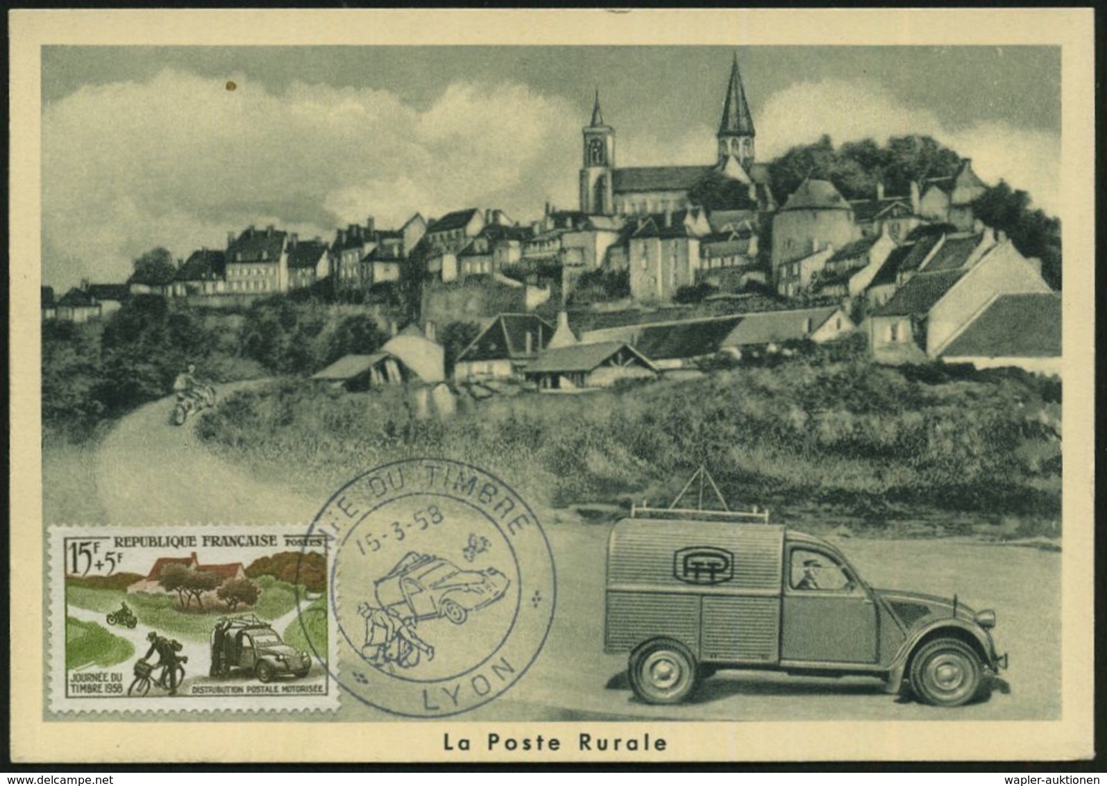 FRANKREICH 1958 (15.3.) 15 + 5 F. "Tag Der Briefmarke" = Land-Postboten Mit Citroen 2 CV-Post/ (u. Fahrrad) 2 Verschiede - Autos