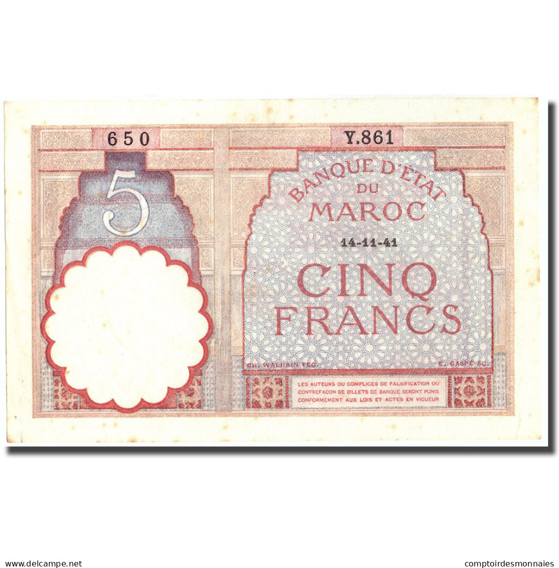 Billet, Maroc, 5 Francs, 1941, 1941-11-14, KM:23Ab, TTB+ - Marokko