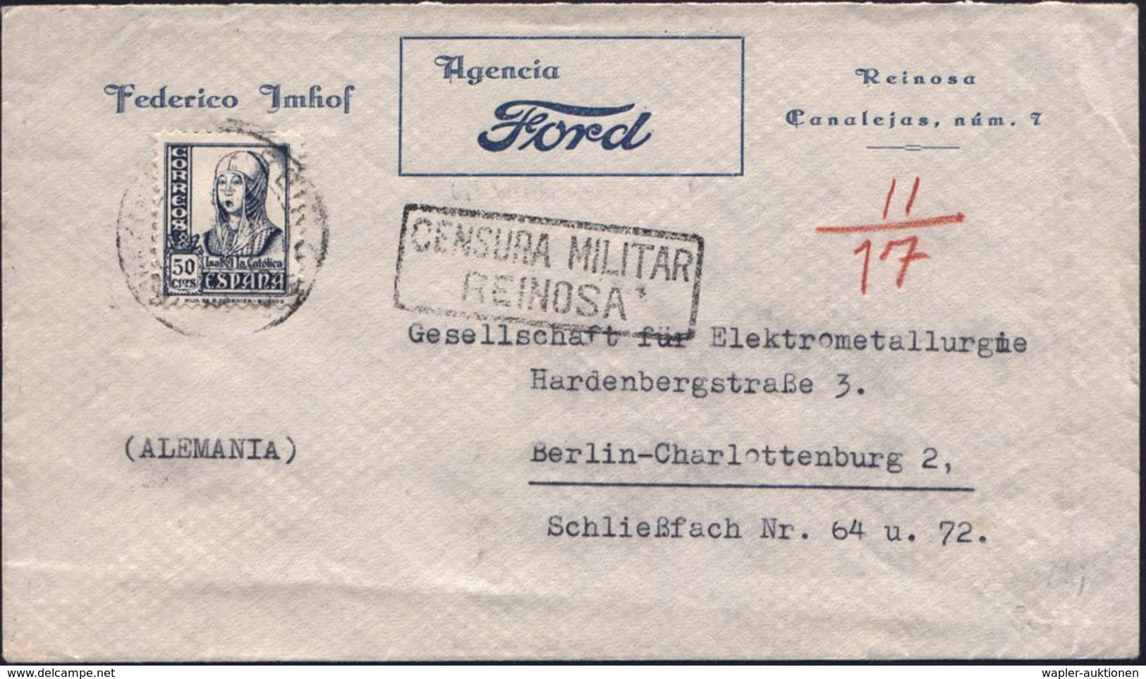 SPANIEN 1938 (Mai) Firmen-Bf.: Frederico Jmhof/Agencia/ F O R D / Reinosa.. + Schw. Zensur-Ra.2: CENSURA MILITAR/ REINOS - Auto's