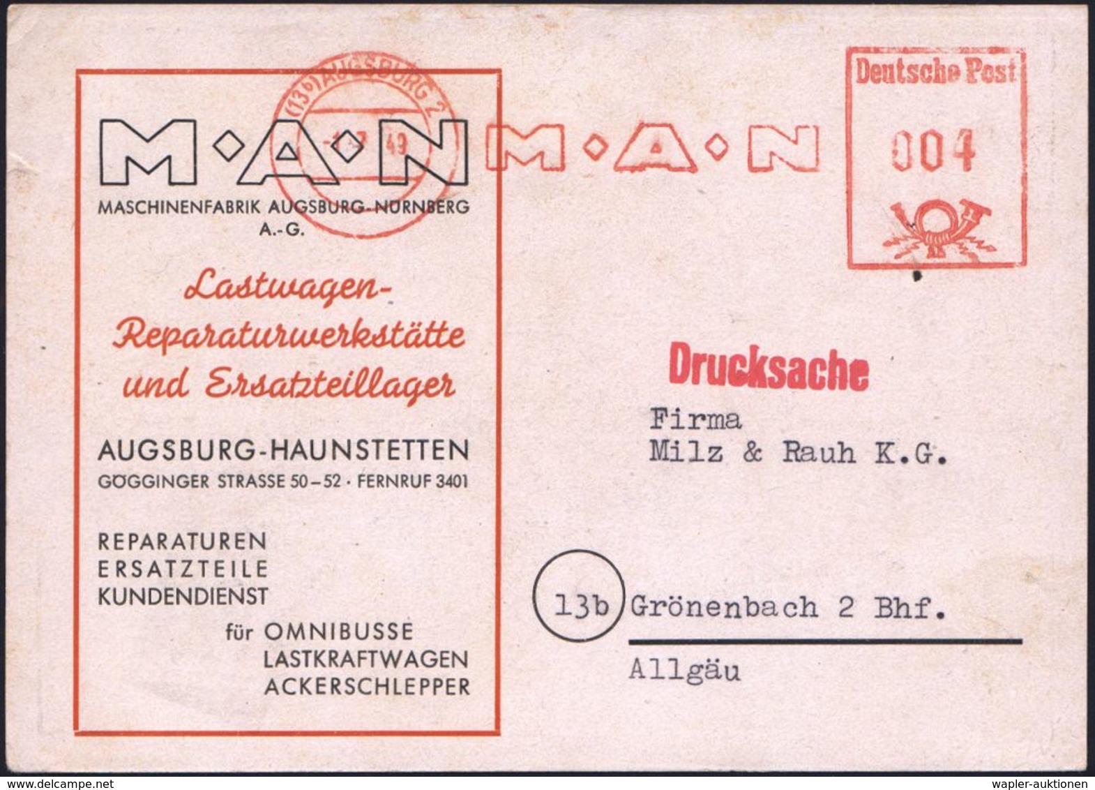 (13b) AUGSBURG 2/ M-A-N 1949 (1.7.) AFS Auf Zweifarbiger M-A-N Reklame-Kt. Mit Lageplan (Stadtplan) Der MAN-Filiale, Dek - LKW