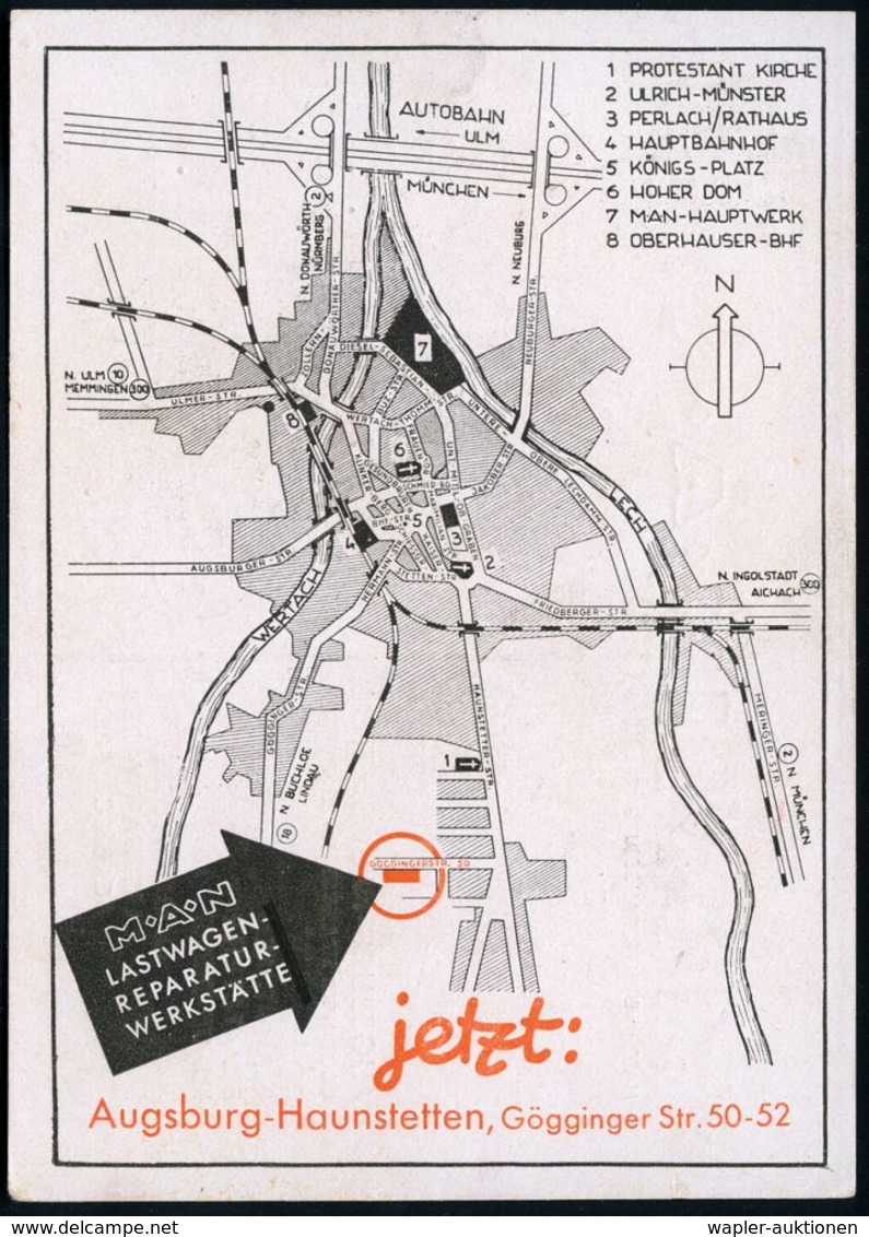 (13b) AUGSBURG 2/ M-A-N 1949 (1.7.) AFS Auf Zweifarbiger M-A-N Reklame-Kt. Mit Lageplan (Stadtplan) Der MAN-Filiale, Dek - Camion