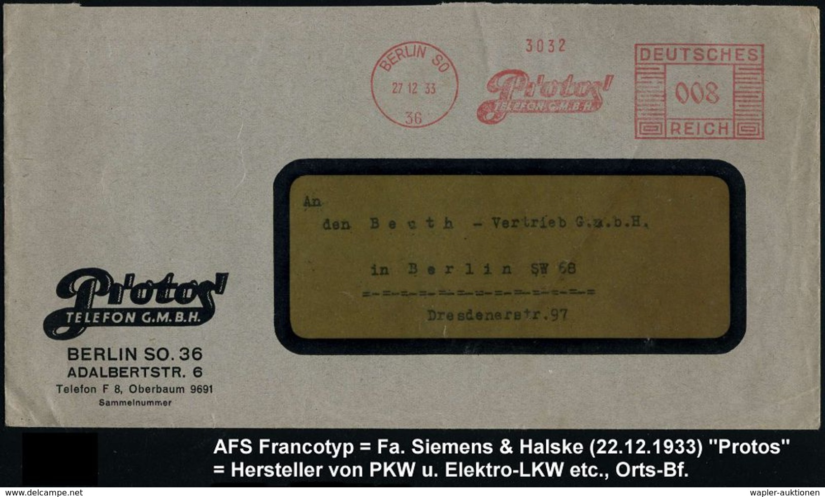 BERLIN SO/ 36/ Protos/ TELEFON GMBH 1934 (12.5.) AFS Klar Auf Firmen-Bf.: Protos/TELEPHON GMBH = Auch Hersteller Von Ele - Camions