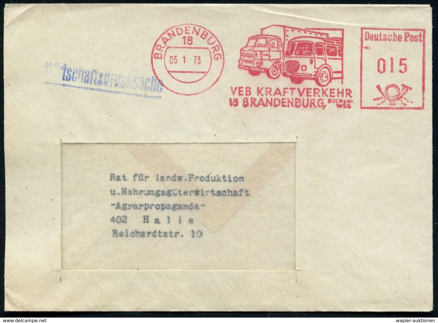 18 BRANDENBURG/ VEB KRAFTVERKEHR.. 1973 (5.1.) Dekorat. AFS = IFA-LKW Und "Ikarus"-Omnibus , Klar Gest. Inl.-Bf., Schöne - Vrachtwagens