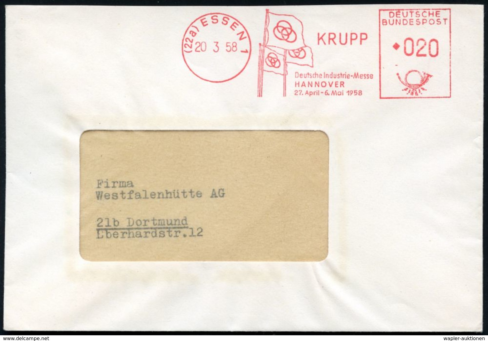 (22a) ESSEN 1/ Deutsche Industrie-Messe/ HANNOVER/ 27.Apr.-6.Mai 1958 (20.3.) Seltener AFS (= 3 Firmen-Flaggen Mit Krupp - Vrachtwagens