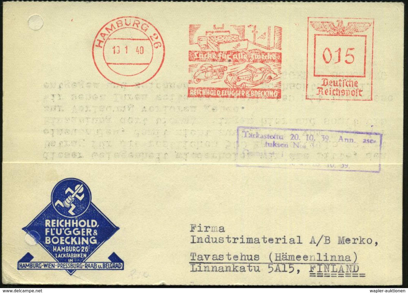 HAMBURG 26/ Lacke Für Alle Zwecke/ REICHHOLD,FLÜGGER & BOECKING 1940 (19.1.) AFS 015 Pf. = Dreirad-Klein-LKW, Typ "Golia - Camion