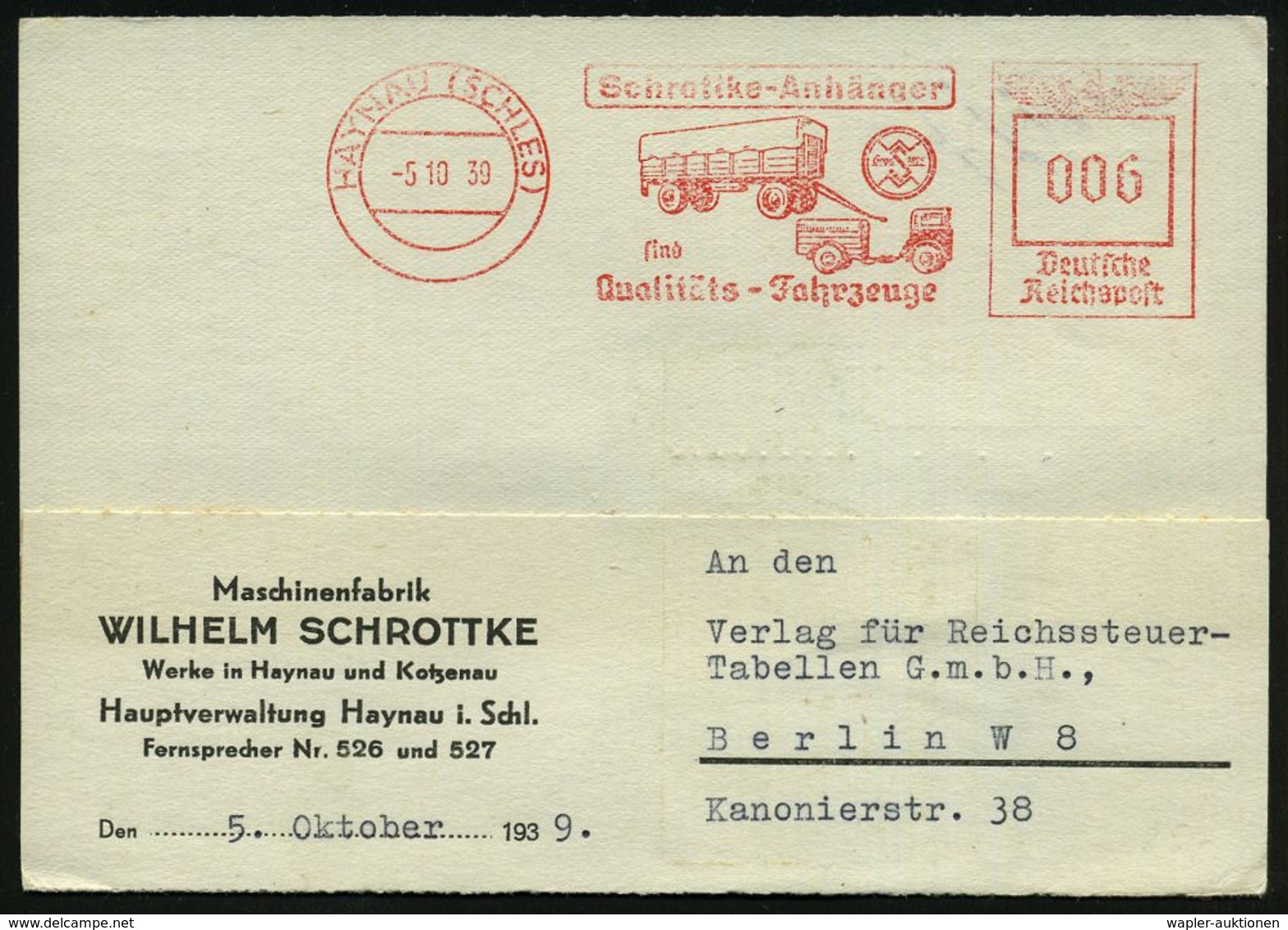 HAYNAU (SCHLES)/ Schrottke-Anhänger.. 1939 (5.10.) Seltener AFS = LKW- U. PKW-Anhänger (u. Firmen-Logo) Klar Gest. Firme - Camiones