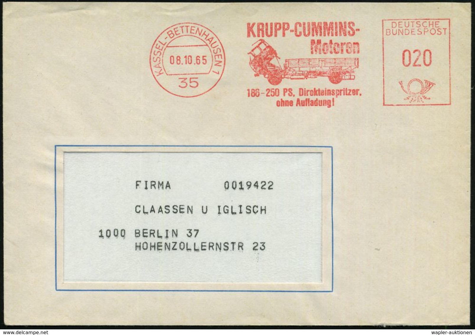 35 KASSEL-BETTENHAUSEN 1/ KRUPP-CUMMINS-/ Motoren/ 186-250PS.. 1965 (8.10.) AFS = Krupp-LKW (mit Kipp-Führerhaus) Rs.Abs - LKW