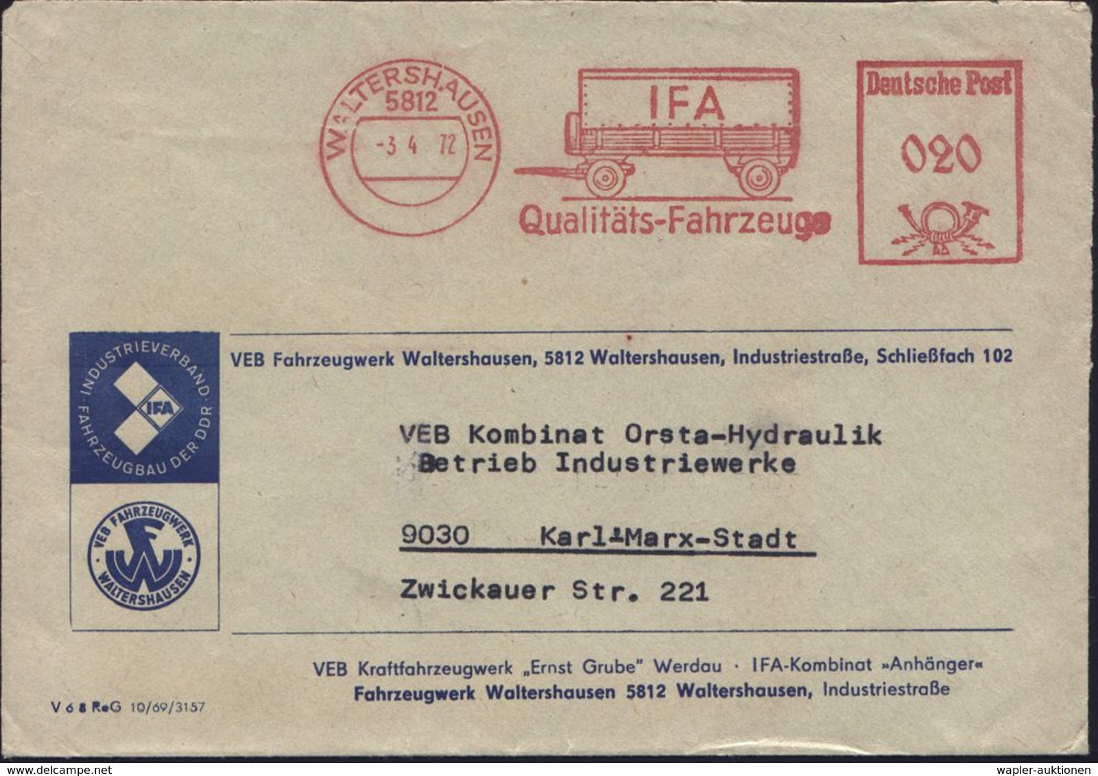 5812 WALTERSHAUSEN/ IFA/ Qualitäts-Fahrzeuge 1972 (3.4.) Seltener AFS-Typ = LKW-Anhänger (mit Plane) Dekorativer Firmen- - Camions