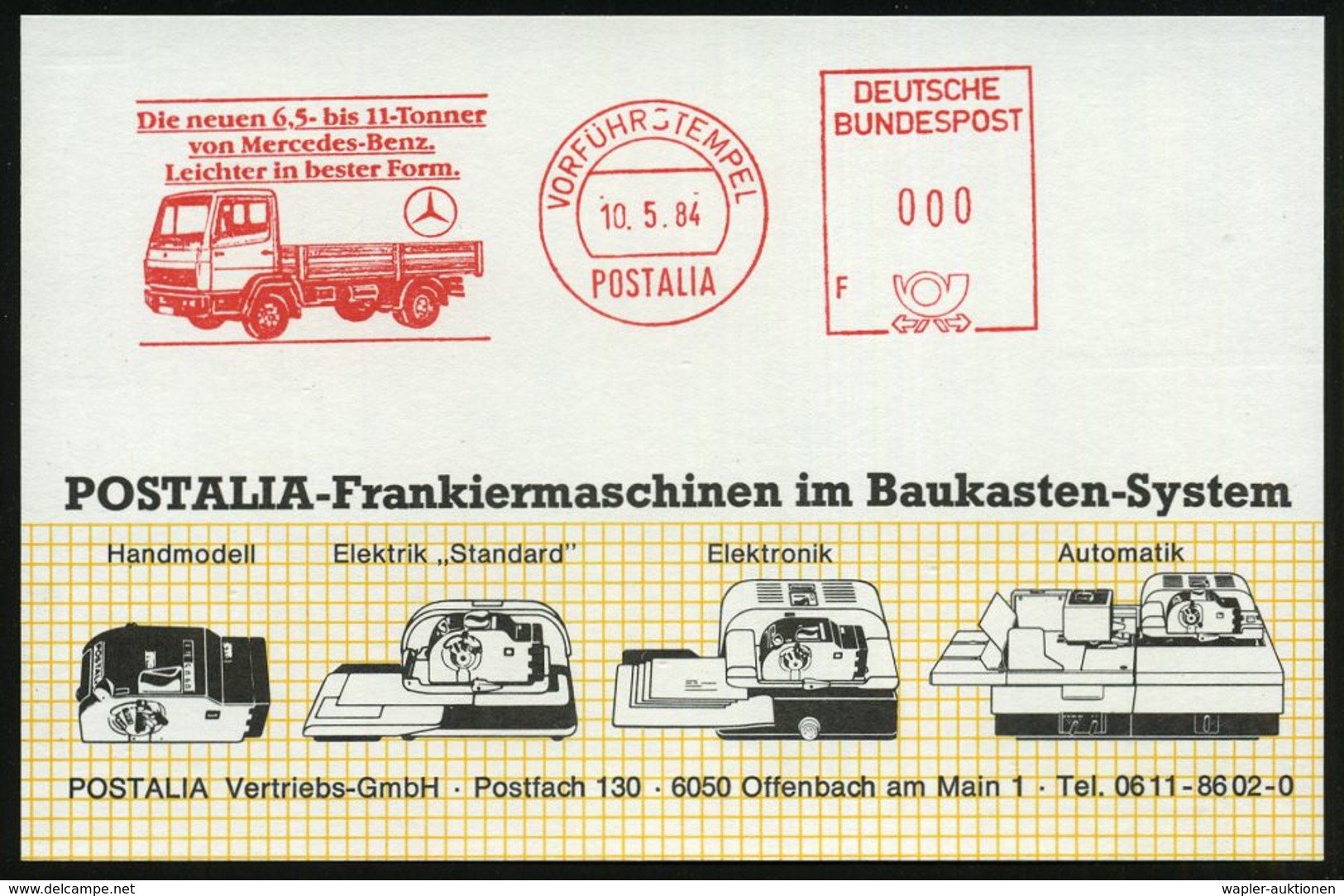 B.R.D. 1984 (10.5.) AFS: VORFÜHRSTEMPEL/POSTALIA/F/Die Neuen 6,5 Bis 11-Tonner Von Mercedes-Benz.. Autozentrale Gebr. Di - Vrachtwagens