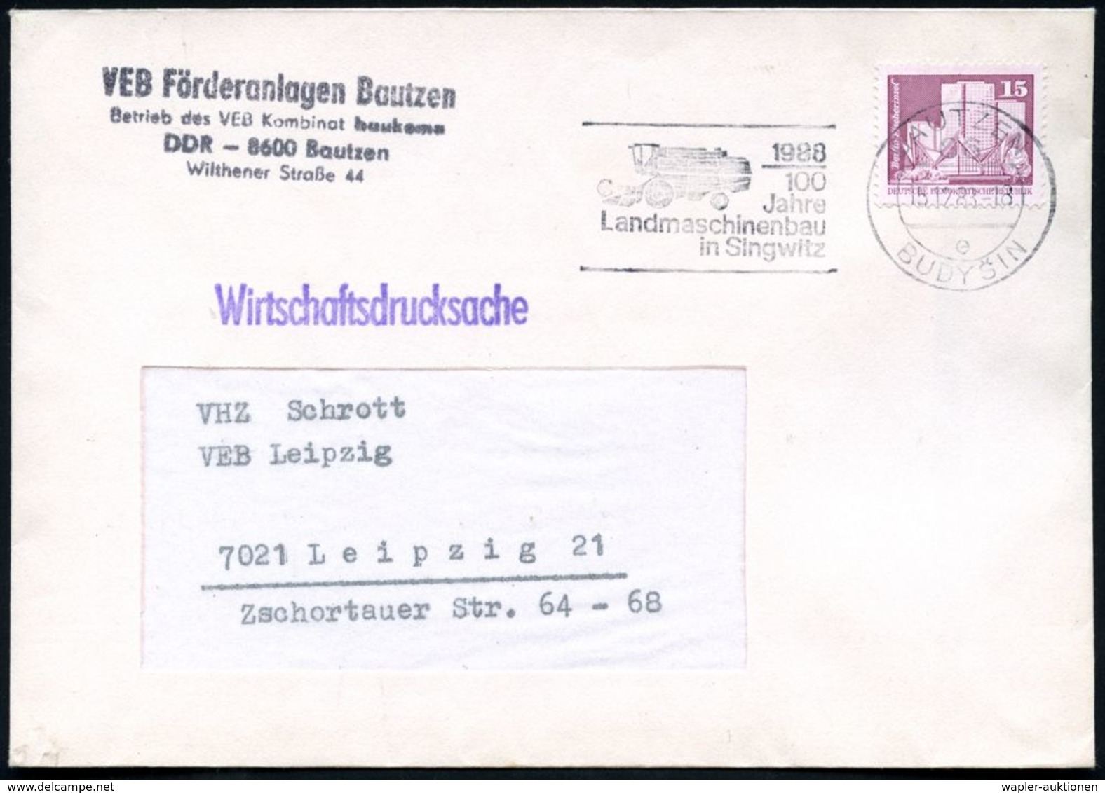 86 BAUTZEN/ E/ BUDYSIN/ 1988/ 100 JAHRE/ Landmaschinenbau.. 1988 (22.12.) Sobisch-deutscher MWSt = Mähdrescher + Abs.-4L - Voitures