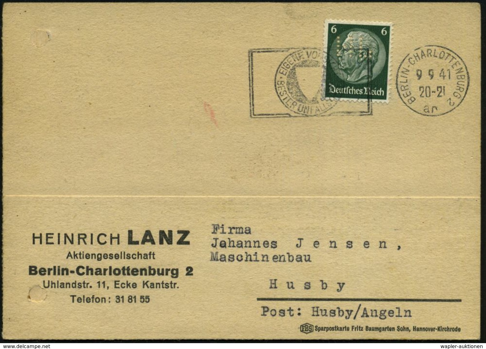 Berlin-Charlottenburg 2 1941 (9.9.) 6 Pf. Hindenburg, Grün Mit Firmen-Lochung "H L" = H(EINRICH) (LANZ AG) , (unten Reg. - Auto's