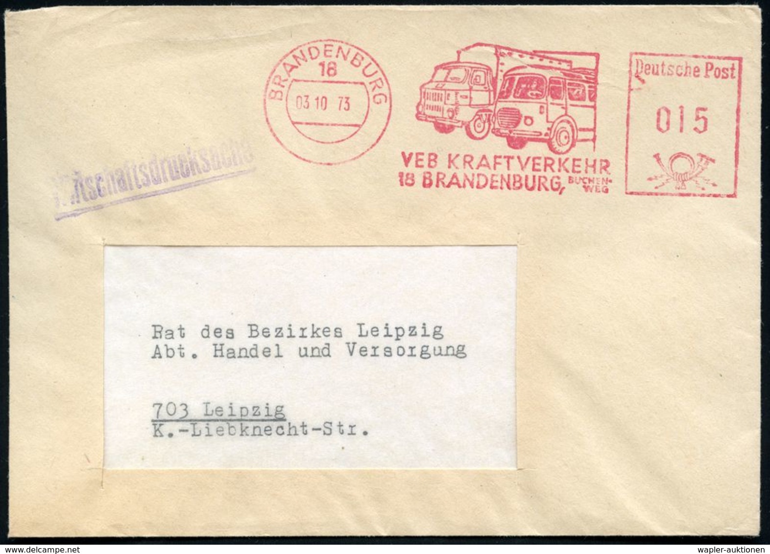 18 BRANDENBURG/ VEB KRAFTVERKEHR.. 1973 (3.10.) Dekorat. AFS = IFA-LKW Und "Ikarus"-Omnibus , Klar Gest. Inl.-Bf., Schön - Busses