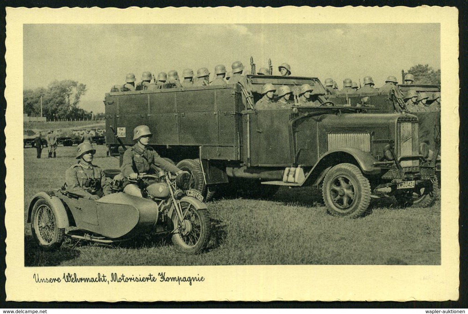 DEUTSCHES REICH 1934 (ca.) S/w.-Foto-Ak.: MotorisierteKompanie = Krad-Gespann, LKW Henschel , Ungebr. (Fotograf: A. Gros - Autos