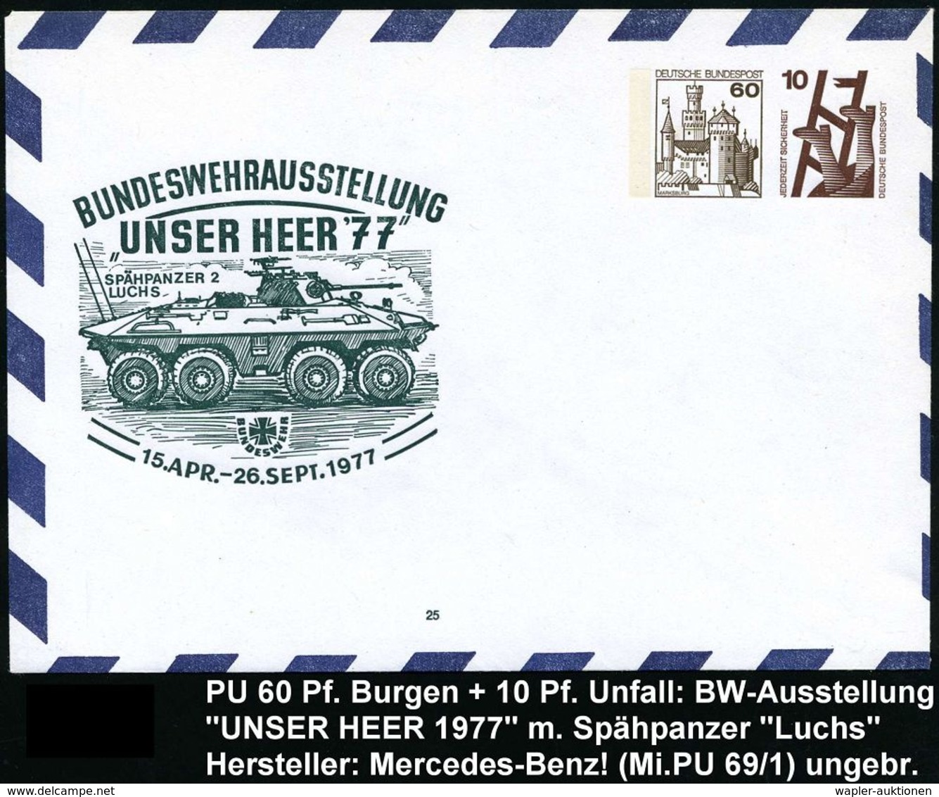 B.R.D. 1977 LPU 60 Pf. + 10 Pf.: BUNDESWEHRAUSSTELLUNG/ UNSER HEER"77" = Spähpanzer "Luchs" (= Mercedes Benz), Ungebr. ( - Autos