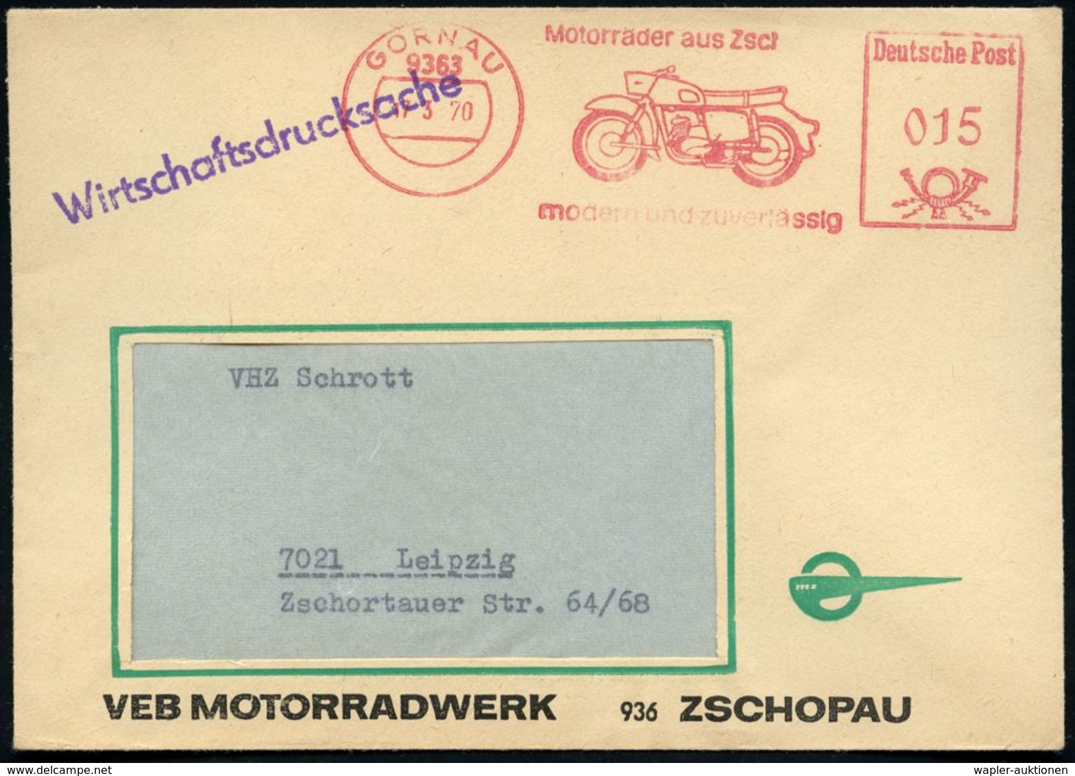 9363 GORNAU/ MZ-ERSATZTEILVERTRIEB 1970 (17.3.) AFS = Motorrad "M Z" , Klar Gest. Inl.-Firmen-Bf. Mit Firmen-Logo, Schön - Moto