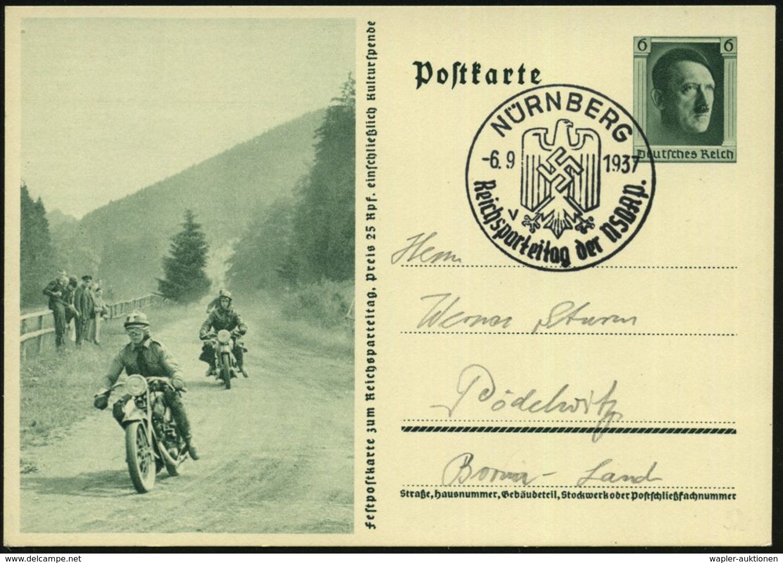 NÜRNBERG/ V/ Reichsparteitag Der NSDAP 1937 (6.9.) SSt Auf Sonder-P 6 Pf. Hitler, Grün: Reichsparteitag = N.S.K.K.-Motor - Motorfietsen