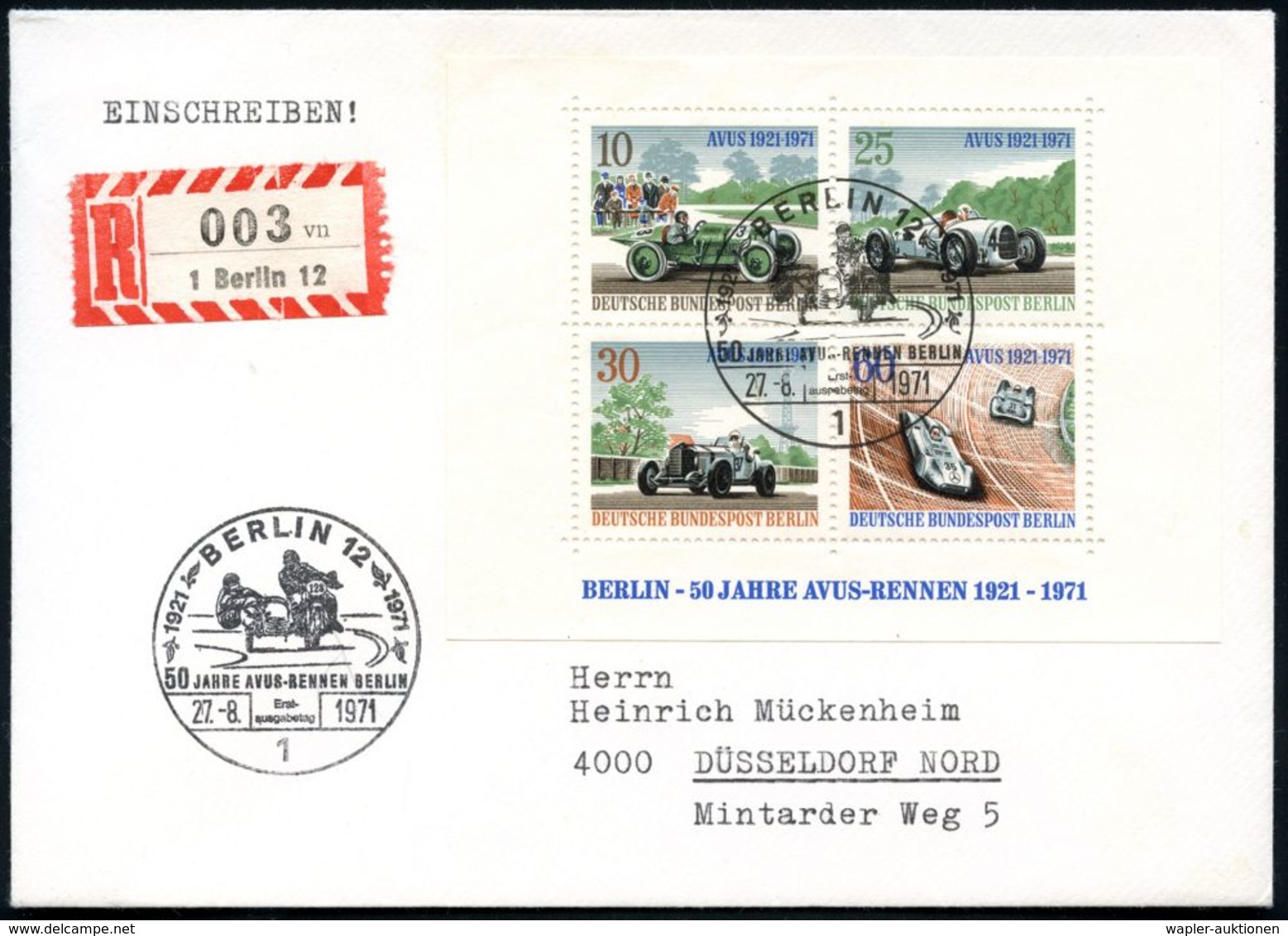 1 BERLIN 12/ 50 JAHRE AVUS-RENNEN.. 1971 (27.8.) SSt = Renn-Motorrad Mit Seitenwagen 2x Auf Avus-Block, EF + ET-SSt.: 1  - Moto