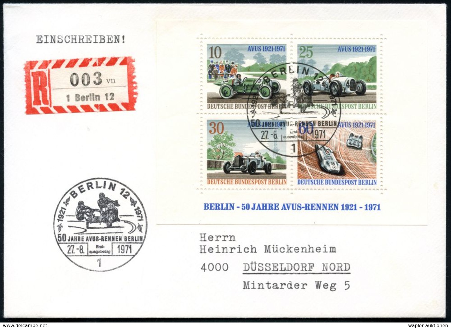 1 BERLIN 12/ 50 JAHRE AVUS-RENNEN.. 1971 (27.8.) SSt = Renn-Motorrad Mit Seitenwagen 2x Auf Avus-Block, EF + ET-SSt.: 1  - Motos