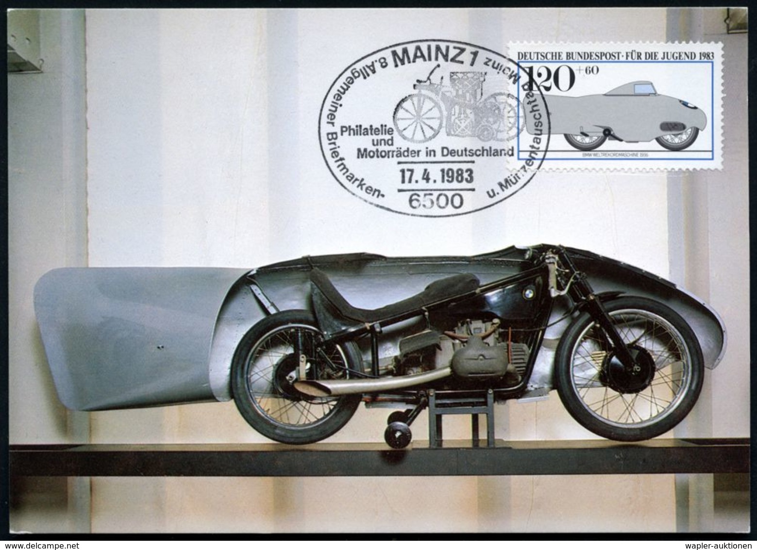 B.R.D. 1983 (17.4./30.10.) 120 Pf. + 60 Pf. BMW-Weltrekord-Motorrad 1936 + SSt.: 6500 MAINZ 1/Philatelie/u./Motorräder.. - Motorfietsen