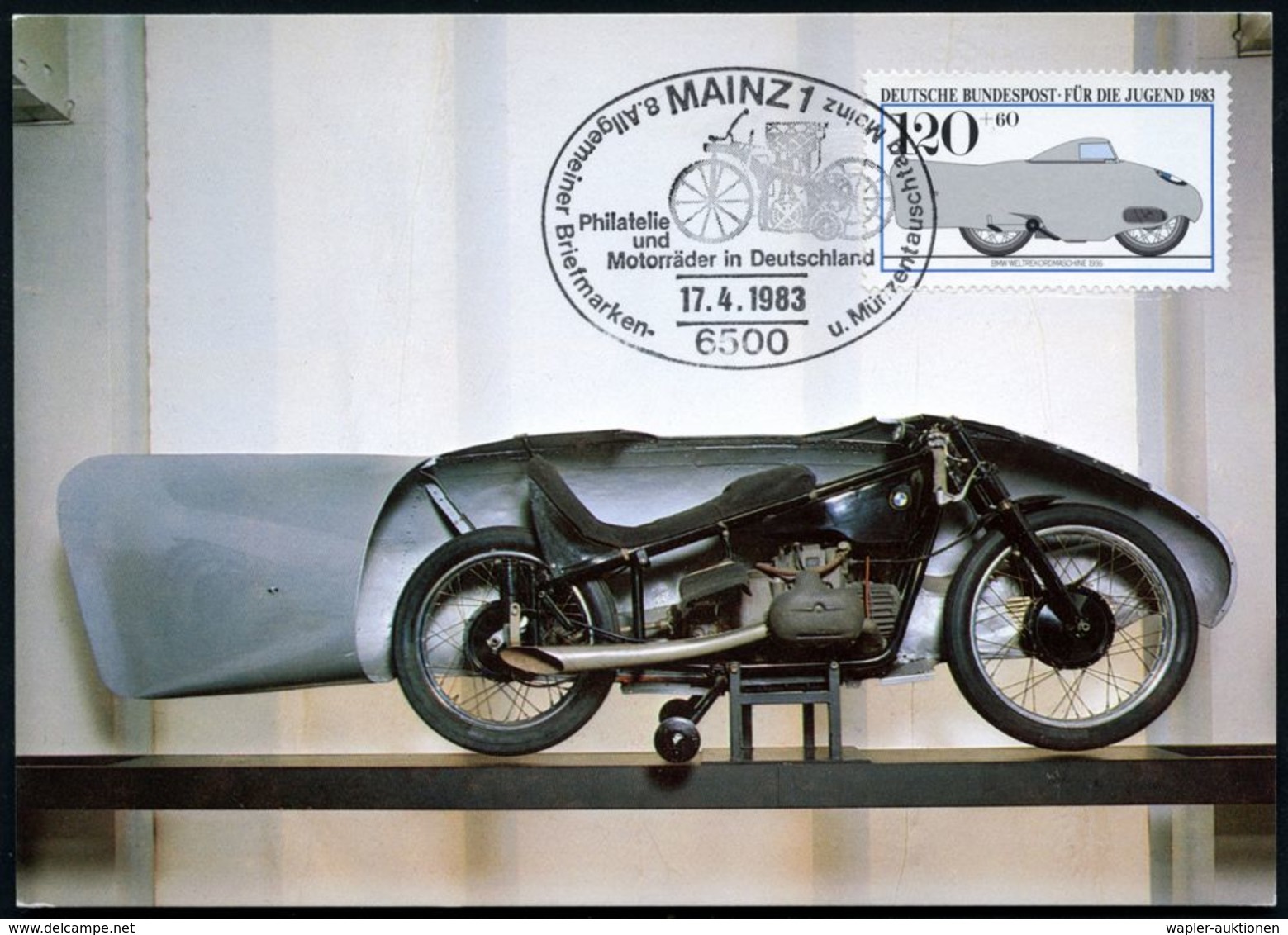 B.R.D. 1983 (17.4./30.10.) 120 Pf. + 60 Pf. BMW-Weltrekord-Motorrad 1936 + SSt.: 6500 MAINZ 1/Philatelie/u./Motorräder.. - Motos