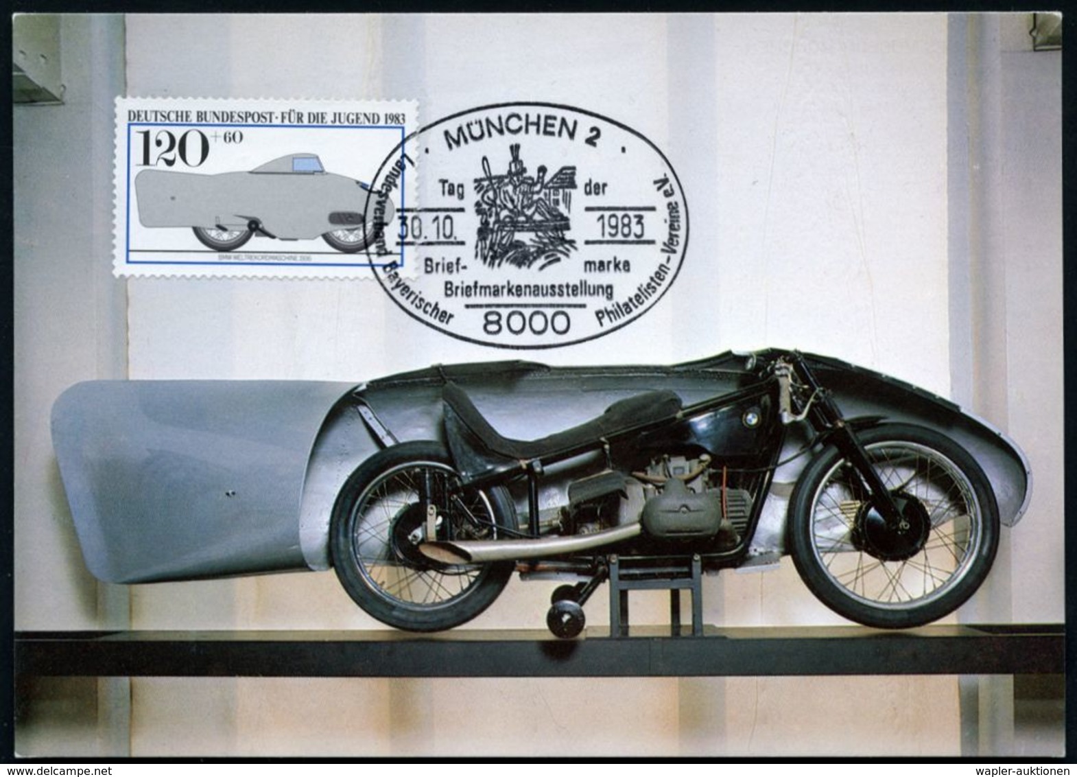 B.R.D. 1983 (17.4./30.10.) 120 Pf. + 60 Pf. BMW-Weltrekord-Motorrad 1936 + SSt.: 6500 MAINZ 1/Philatelie/u./Motorräder.. - Moto