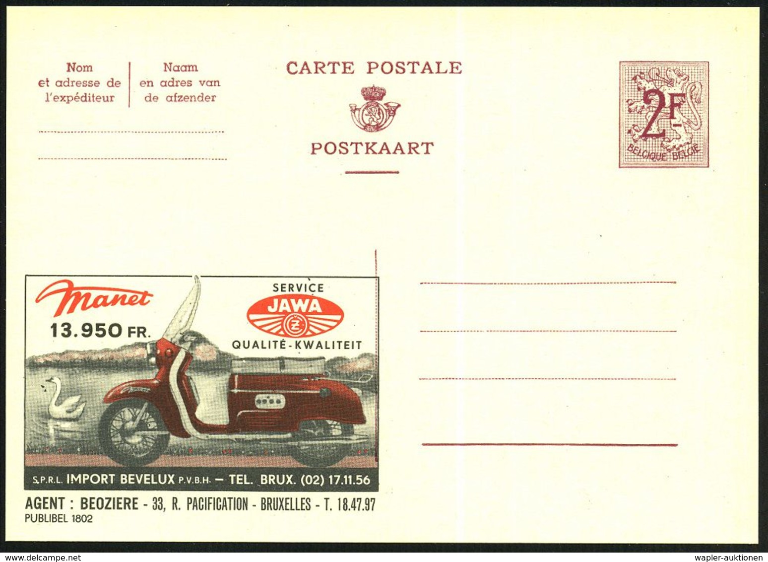 BELGIEN 1959 2F. Reklame-P Ziffer, Weinrot: JAWA.. = Motorroller (u. Schwan) JAWA = Janacek & Wanderer (CSR-Jawa-Motorro - Motorräder