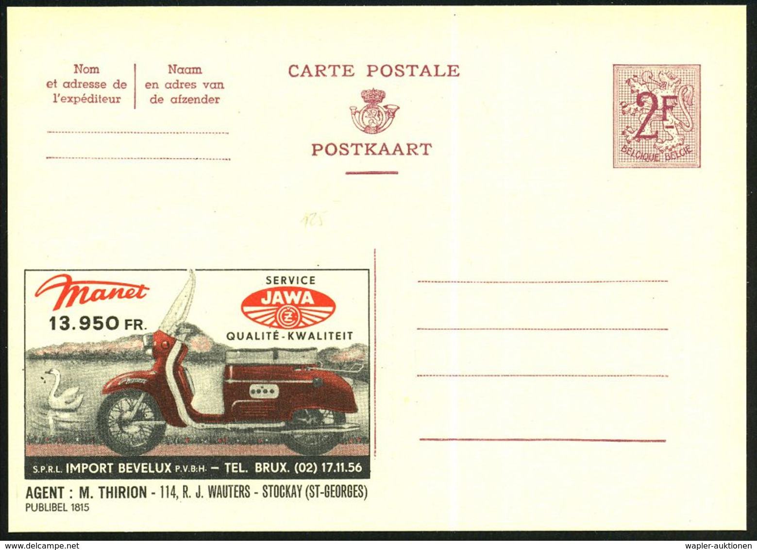 BELGIEN 1959 2F. Reklame-P Ziffer, weinrot: JAWA.. = Motorroller (u. Schwan) JAWA = Janacek & Wanderer (CSR-Jawa-Motorro