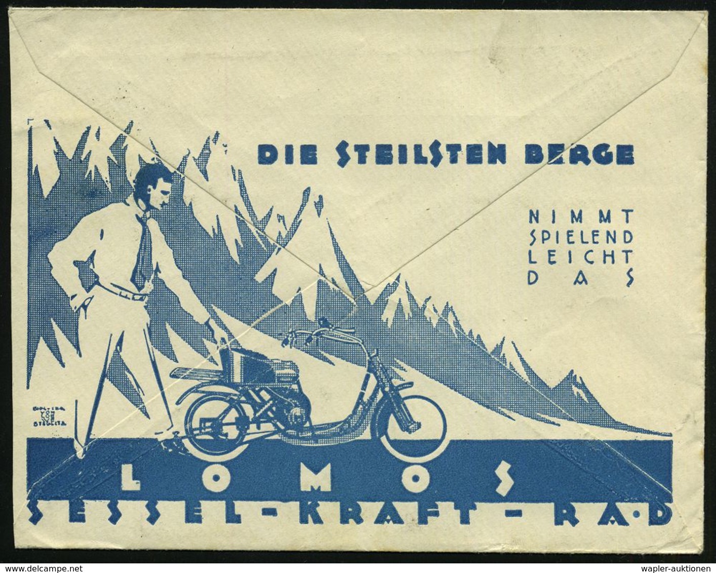 Berlin SW 68 1922 Reklame-Bf.: Eichler & Co., Rs. Grafik "LOMOS SESSEL-KRAFT-RAD" (sign. Von LOEWE) Dekorat. Infla-Fernb - Motos