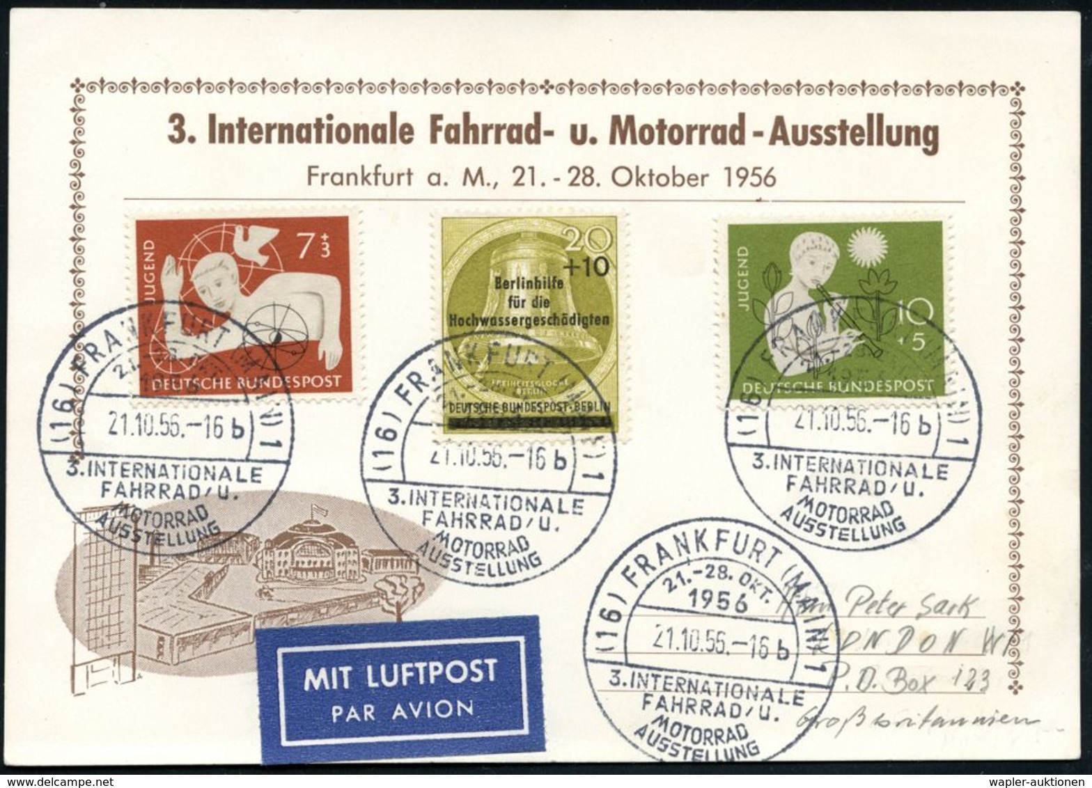 (16) FRANKFURT (MAIN)1/ B/ 3.INTERNAT./ FAHRRAD U./ MOTORRAD/ AUSSTELLUNG 1956 (21.10.) SSt 4x Rs. Auf Ausst.-Sonder-Kt. - Automobili