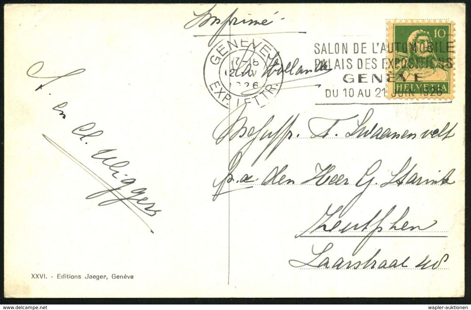 SCHWEIZ 1926 (12.5.) MWSt: GENEVE 1/SALON DE L'AUTOMOBILE/PALAIS DES EXPOS. Klar Auf Ausl.-Ak. (Wilson-Palais SDN) - AUT - Voitures
