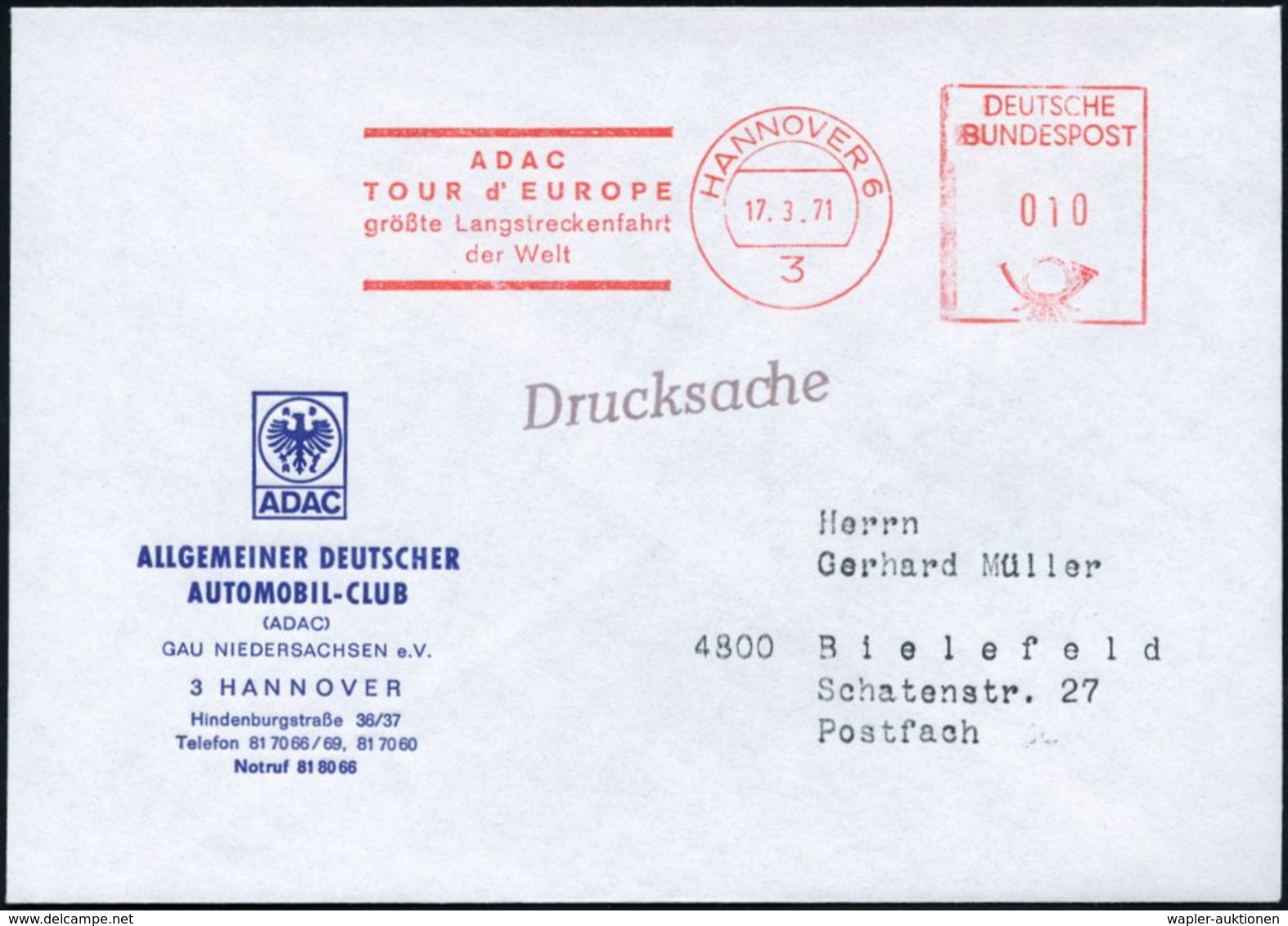 3 HANNOVER 6/ ADAC/ TOUR D'EUROPE/ Größte Langstreckenfahrt/ Der Welt 1971 (17.3.) Seltener AFS Klar Auf ADAC-Vordr.Bf.  - Coches