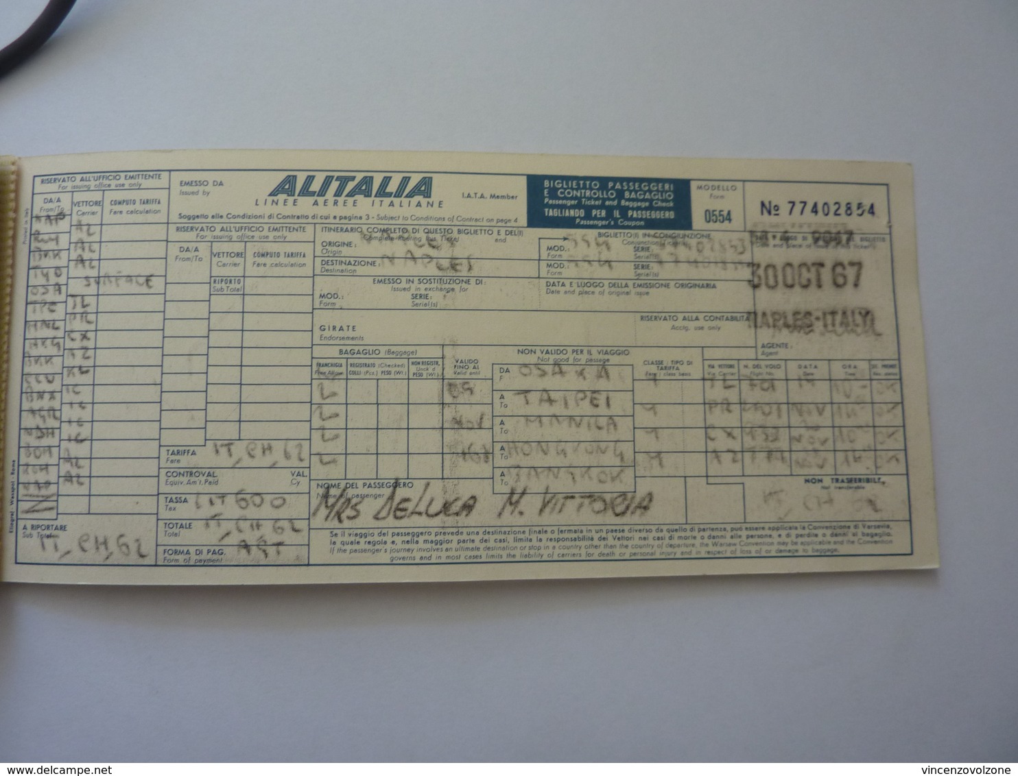Biglietto  Passeggeri E Controllo Bagaglio "ALITALIA - OSAKA, TAIPEI, MANILA, HONG KONG, BANGKOK" 1967 - Mondo