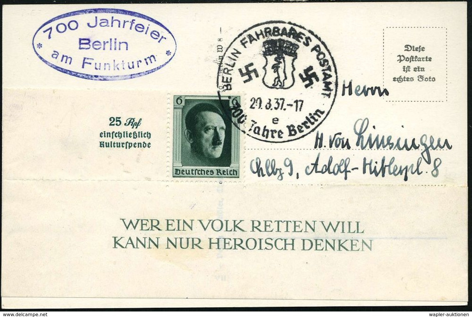 BERLIN FAHRBARES POSTAMT/ E/ 700 Jahre Berlin 1937 (20.8.) SSt + Viol. Oval-HdN.: 700 Jahrfeier/Berlin/am Funk-turm, S/w - Auto's