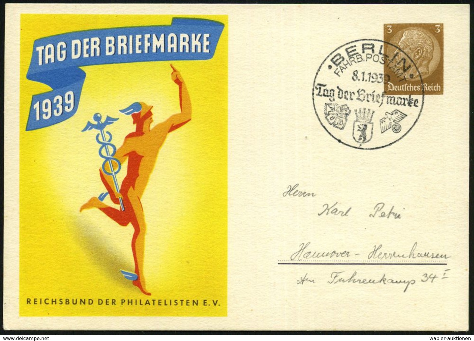 BERLIN/ FAHRBARES POSTAMT/ Tag D.Briefmarke/ F 1939 (8.1.) SSt Auf Passender Sonder-P 3 Pf. Hindenbg.: TAG DER BRIEFMARK - Auto's