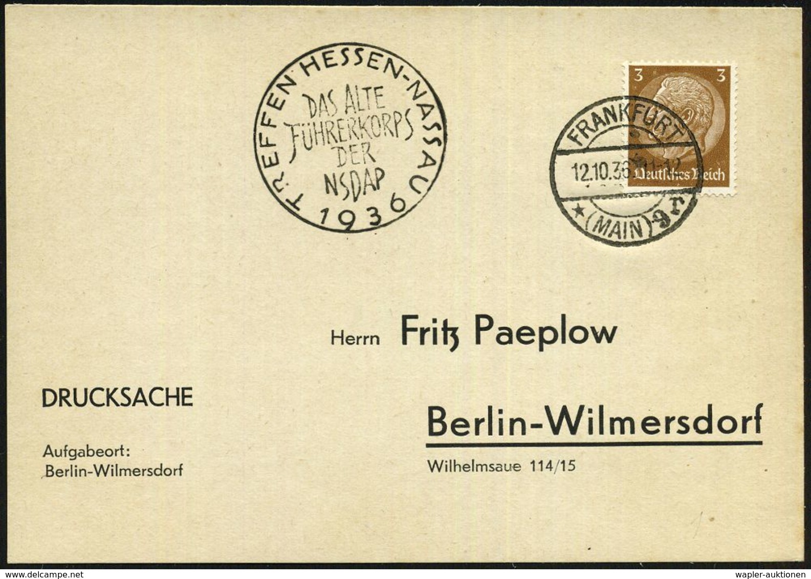 FRANKFURT/ *(MAIN)9/ R 1936 (12.10.) 1K-Steg + 1K-HdN: DAS ALTE/FÜHRERKORPS/DER/NSDAP/TREFFEN HESSEN-NASSAU = Mobiles P. - Automobili