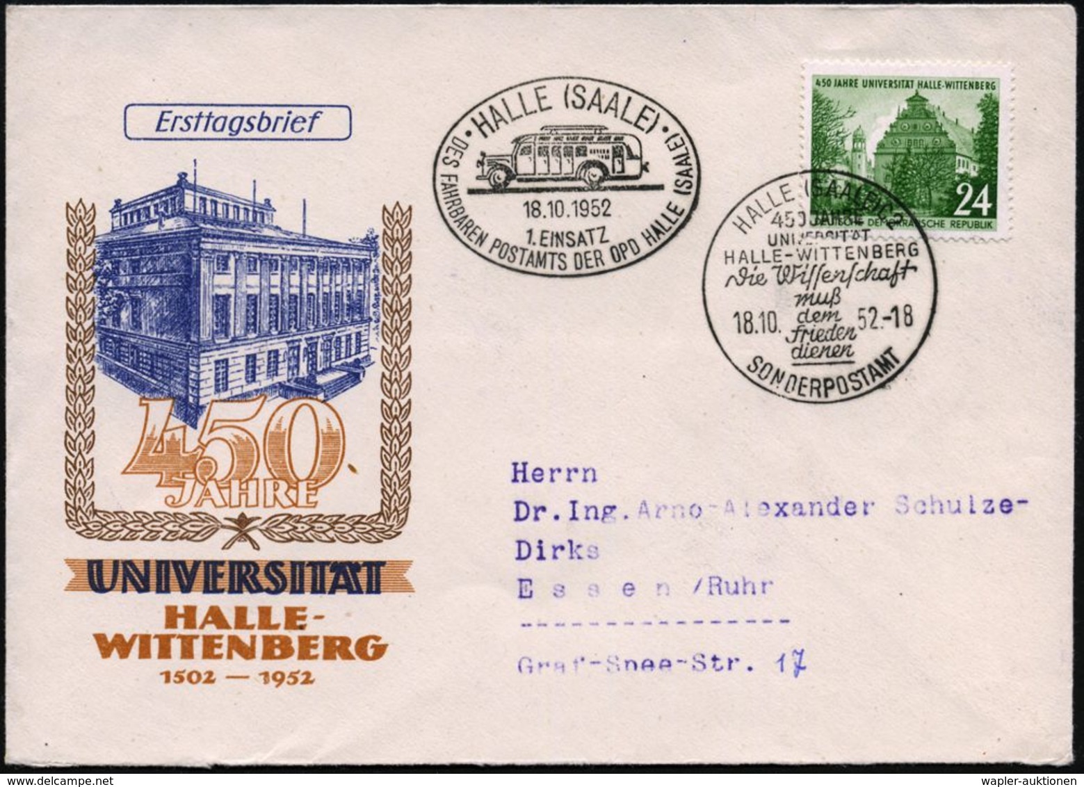HALLE(SAALE)/ 1.EINSATZ/ DES FAHRBAHREN POSTAMTS DER OPD HALLE.. 1952 (18.10.) Oval-SSt + SSt: HALLE (SAALE)/450 JAHRE/U - Auto's