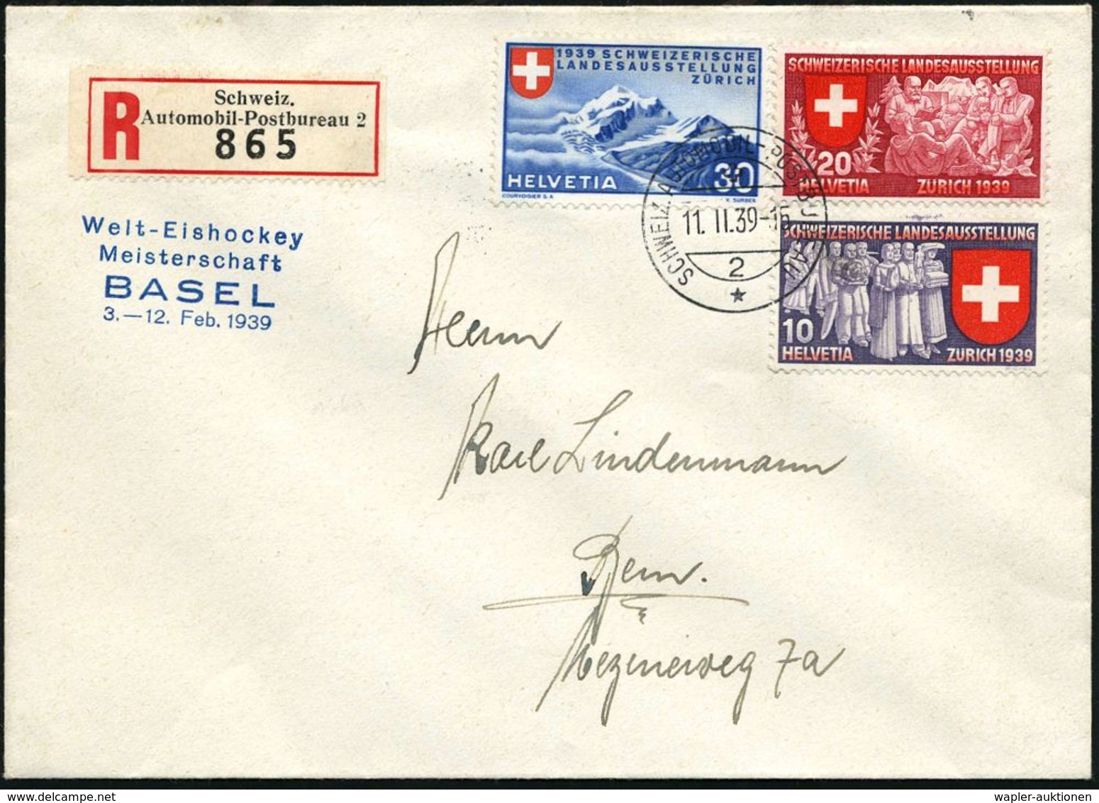 SCHWEIZ 1939 (11.2.) Blauer HdN: Welt-Eishockey/Meisterschaft/BASEL + 1K: AUTO-PA Nr.2 + Sonder-RZ: Schweiz./ Automobil- - Autos