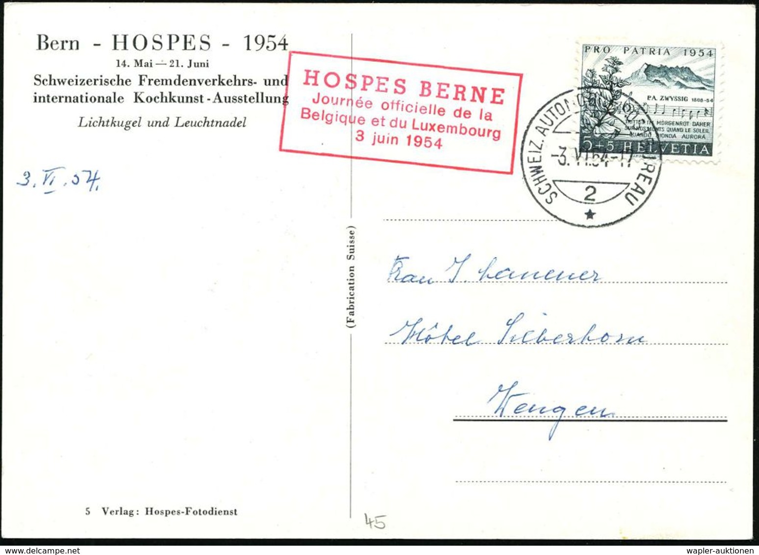 SCHWEIZ 1954 (3.6.) Amtl., Roter Ra.4: HOSPES BERNE/Journée Officielle De La/Belgique Et De Luxembourg.. + 1K: AUTO-POST - Automobili