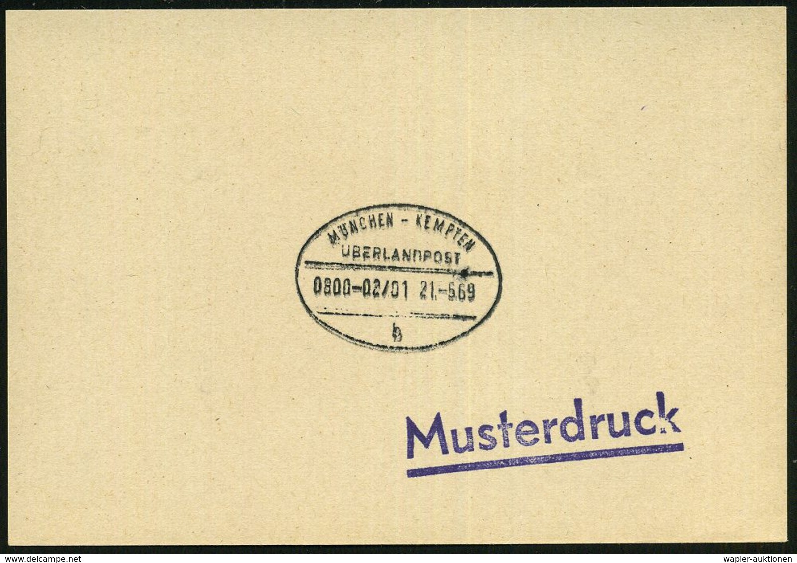 MÜNCHEN-KEMPTEN/ ÜBERLANDPOST/ 0800-02/ 01/ B 1969 (21.5.) Oval-St + 1L: Musterdruck Auf OPD-Muster-Karte (Nr.2 B) - KRA - Automobili