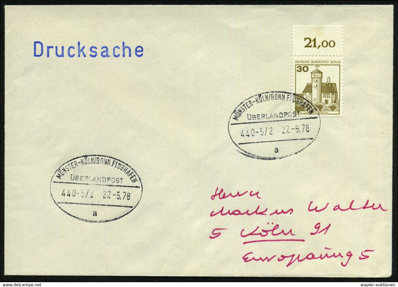 MÜNSTER-KÖLN-BONN FLUGHAFEN/ ÜBERLANDPOST/ 440-5-2/ A 1978 (27.5.) Oval-Steg Mit UZ 2 , Klar Gest. Inl.-Brief (Mi.534 C) - Automobili